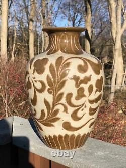 Studio Art Pottery Hand Tooled Brown & Tan Glazed Large Vase Fantastic