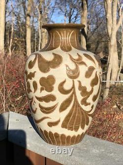 Studio Art Pottery Hand Tooled Brown & Tan Glazed Large Vase Fantastic