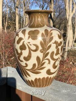 Studio Art Pottery Hand Tooled Brown & Tan Glazed Large Vase Fantastic