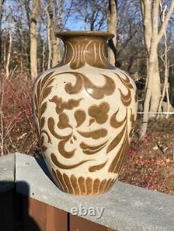 Studio Art Pottery Hand Tooled Brown & Tan Glazed Large Vase Fantastic