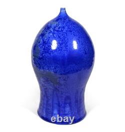 Studio Art Pottery Moon Vase Weed Pot Blue Crystalline Glaze Vintage Hand Thrown