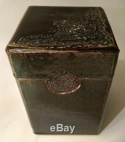 Studio Art Pottery Square Slab Tea Caddy Vtg Lidded Stoneware Box Artist Signed