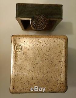 Studio Art Pottery Square Slab Tea Caddy Vtg Lidded Stoneware Box Artist Signed