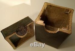 Studio Art Pottery Square Slab Tea Caddy Vtg Lidded Stoneware Box Artist Signed