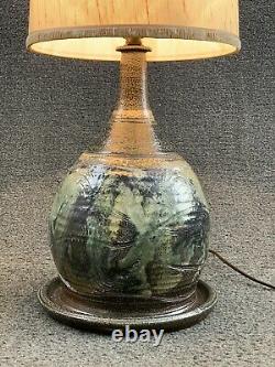 Studio Art Pottery Table Lamp Vintage Blue Green Handmade Drip Glaze Ceramic