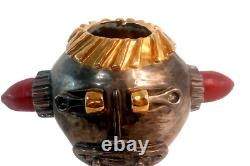 Studio Art Pottery Vase Face OOAK Metallic Vintage Auto Parts Artist Signed 8X12