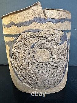 Studio Art Slab Built Pottery Vase Petroglyphs Signed SLS