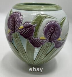 Studio Pottery K. Smallwood Vase with Purple Flowers Vintage 1986
