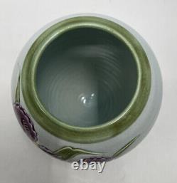 Studio Pottery K. Smallwood Vase with Purple Flowers Vintage 1986