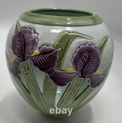 Studio Pottery K. Smallwood Vase with Purple Flowers Vintage 1986