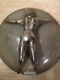 Studio Pottery Round Box Female Nude Jewelry Silver Metallic Glaze Art Deco Vtg