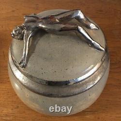 Studio Pottery Round Box Female Nude Jewelry Silver Metallic Glaze Art Deco Vtg