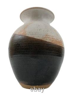 Studio Pottery Vase Nancy Valk Round Brown Vintage Signed Glazed Stoneware