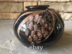 Studio Pottery Vase Signed Brown Textured Abstract Vintage Art Rare Ceramic Pot