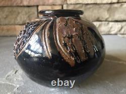 Studio Pottery Vase Signed Brown Textured Abstract Vintage Art Rare Ceramic Pot