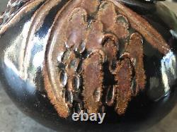 Studio Pottery Vase Signed Brown Textured Abstract Vintage Art Rare Ceramic Pot