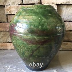 Studio Pottery Vase Signed Large Green Vintage Pot Ribbed Mid Century Ceramic