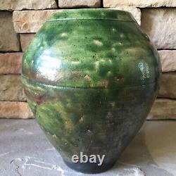 Studio Pottery Vase Signed Large Green Vintage Pot Ribbed Mid Century Ceramic