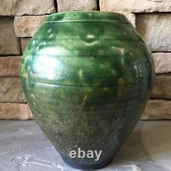 Studio Pottery Vase Signed Large Green Vintage Pot Ribbed Mid Century Ceramic