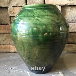Studio Pottery Vase Signed Large Green Vintage Pot Ribbed Mid Century Ceramic