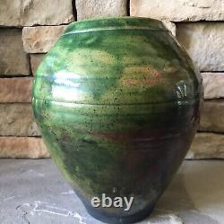 Studio Pottery Vase Signed Large Green Vintage Pot Ribbed Mid Century Ceramic