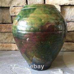 Studio Pottery Vase Signed Large Green Vintage Pot Ribbed Mid Century Ceramic