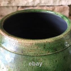Studio Pottery Vase Signed Large Green Vintage Pot Ribbed Mid Century Ceramic