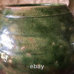 Studio Pottery Vase Signed Large Green Vintage Pot Ribbed Mid Century Ceramic