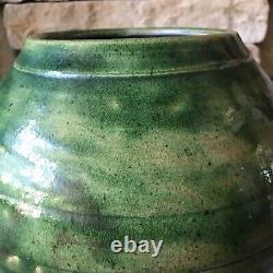 Studio Pottery Vase Signed Large Green Vintage Pot Ribbed Mid Century Ceramic