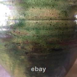 Studio Pottery Vase Signed Large Green Vintage Pot Ribbed Mid Century Ceramic