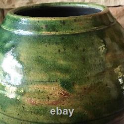 Studio Pottery Vase Signed Large Green Vintage Pot Ribbed Mid Century Ceramic