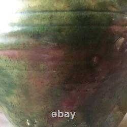 Studio Pottery Vase Signed Large Green Vintage Pot Ribbed Mid Century Ceramic