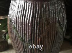 Studio Pottery Vase Signed Large Vintage Green Brown With Handle Textured Heavy