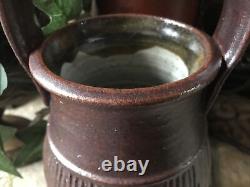 Studio Pottery Vase Signed Large Vintage Green Brown With Handle Textured Heavy