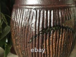 Studio Pottery Vase Signed Large Vintage Green Brown With Handle Textured Heavy