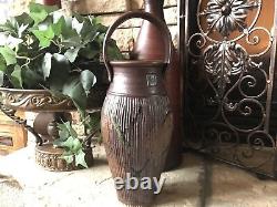 Studio Pottery Vase Signed Large Vintage Ribbed Green Brown With Handle Textured