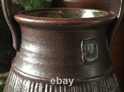 Studio Pottery Vase Signed Large Vintage Ribbed Green Brown With Handle Textured
