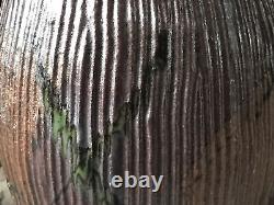 Studio Pottery Vase Signed Large Vintage Ribbed Green Brown With Handle Textured