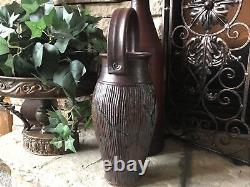 Studio Pottery Vase Signed Large Vintage Ribbed Green Brown With Handle Textured