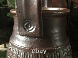Studio Pottery Vase Signed Large Vintage Ribbed Green Brown With Handle Textured