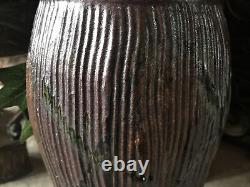 Studio Pottery Vase Signed Large Vintage Ribbed Green Brown With Handle Textured