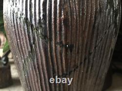 Studio Pottery Vase Signed Large Vintage Ribbed Green Brown With Handle Textured