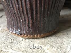 Studio Pottery Vase Signed Large Vintage Ribbed Green Brown With Handle Textured