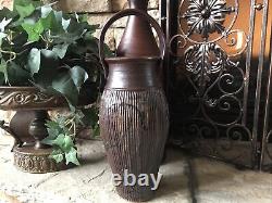 Studio Pottery Vase Signed Large Vintage Ribbed Green Brown With Handle Textured