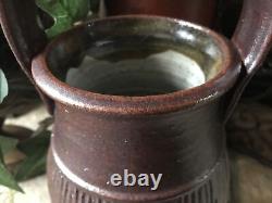 Studio Pottery Vase Signed Large Vintage Ribbed Green Brown With Handle Textured