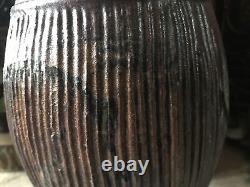 Studio Pottery Vase Signed Large Vintage Ribbed Green Brown With Handle Textured