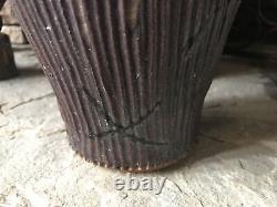 Studio Pottery Vase Signed Large Vintage Ribbed Green Brown With Handle Textured