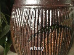 Studio Pottery Vase Signed Large Vintage Ribbed Green Brown With Handle Textured