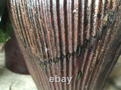 Studio Pottery Vase Signed Large Vintage Ribbed Green Brown With Handle Textured