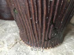 Studio Pottery Vase Signed Large Vintage Ribbed Green Brown With Handle Textured